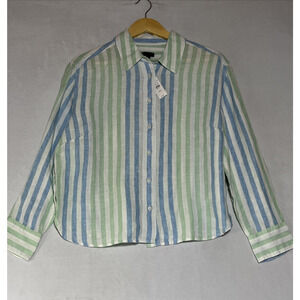 Talbots Linen Shirt Womens MP Striped Blue Green Cropped Boxy Button Up Blouse
